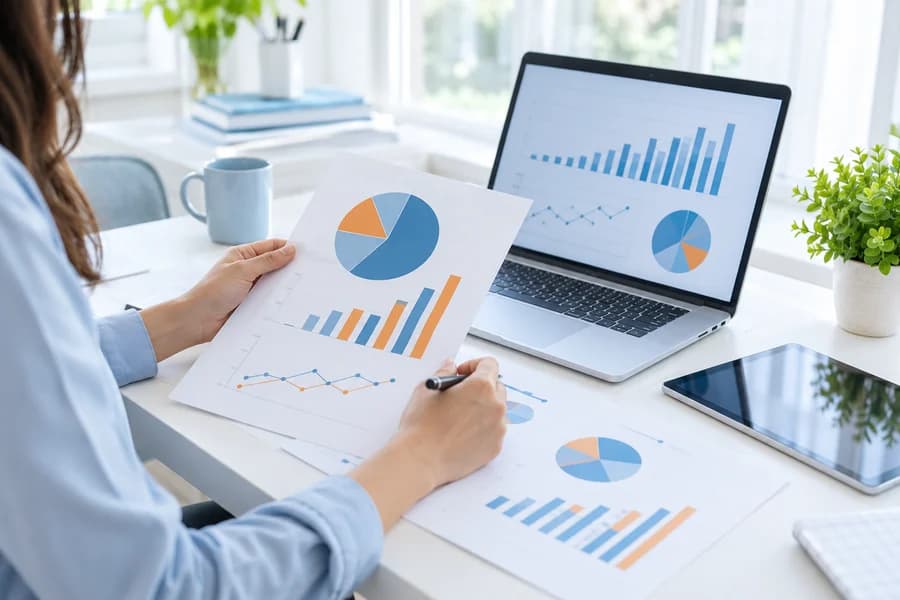 Bilgisayar ve raporlarla proje verilerini değerlendiren kişi