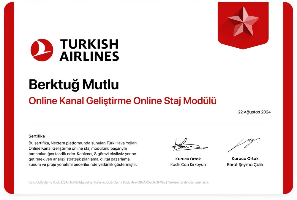Turkish Airlines Online Kanal Geliştirme modülüne ait temsili sertifika örneği